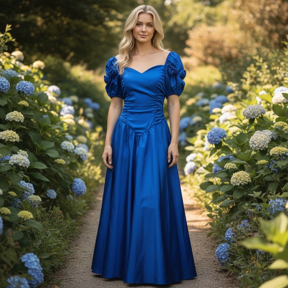 Vintage 80s 90s Women’s Blue Puff Sleeve Princess Gown Formal Dress Small